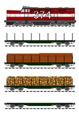 Kit of american style freight train loaded with wood trunks