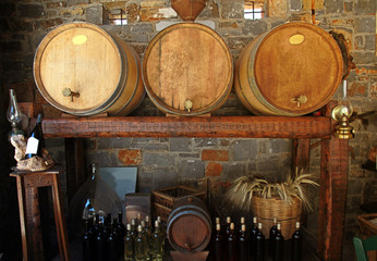 Wine barrels in winery.