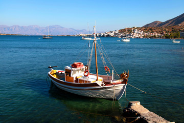 Colorful fishing boat in Mirabello Bay, Crete,Greece