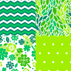Fresh green leaves and plants seamless patterns collection