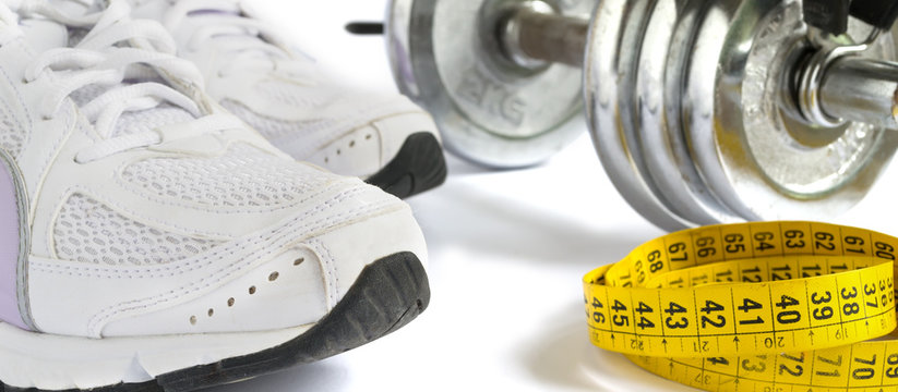shoes, tape and dumbbell