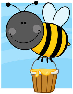 Smiling Bee Cartoon Character Flying With A Honey Bucket