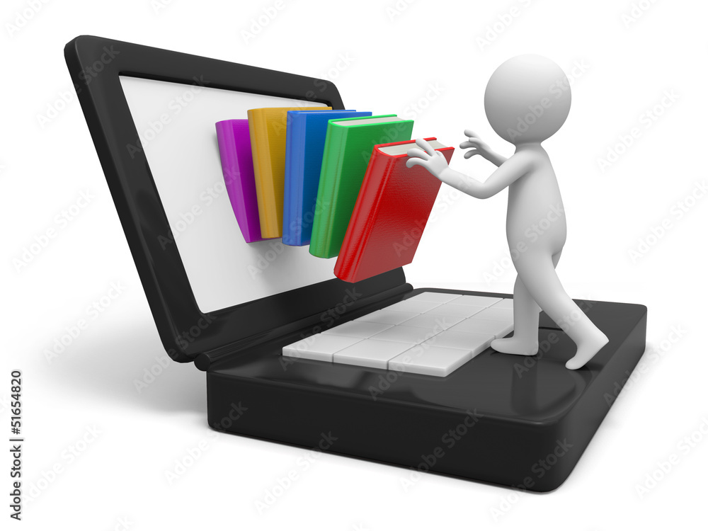 Poster a 3d person putting a stack of books into the computer