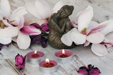 Foto auf Acrylglas Badezimmer Buddha mit Teelichtern