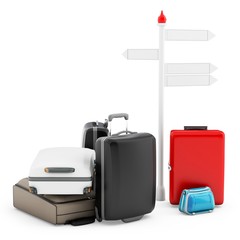 3d pile of luggage by a sign