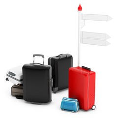 3d pile of luggage by a sign