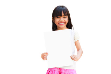 Asian little girl holding a white sheet of paper