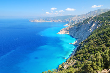 Cephalonia shore cliffs and blue coastal sea waters