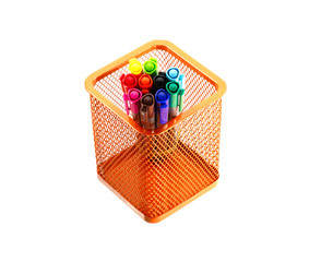 Multi coloured pen in orange basket