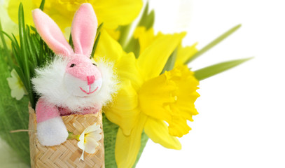 Cute pink bunny with yellow daffodil flowers.