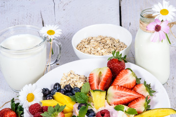 Gesundes Frühstück mit Obst und Joghurt genießen
