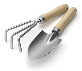Griffe de jardin et transplantoir sur fond blanc 1