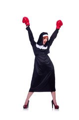 Nun with boxing gloves isolated on white