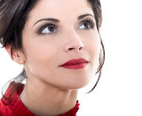 beautiful smiling caucasian woman looking up portrait