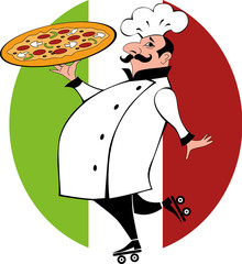Italian chef with pizza on roller skates