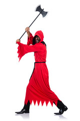 Executioner in red costume with axe on white