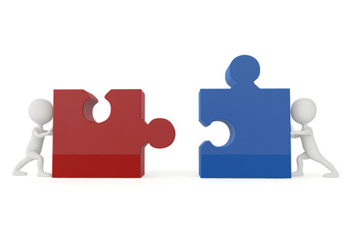 3d humanoid character push a puzzle pieces