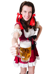 Bavarian girl with tray on white