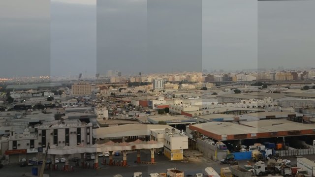 Jeddah stadium at day and dawn with split screens