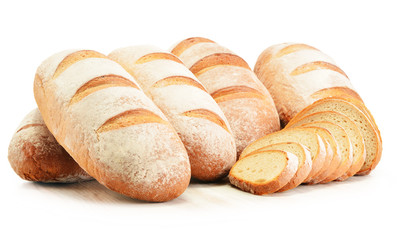 Composition with loafs of bread isolated on white background