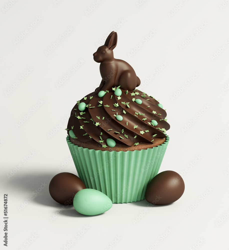 Wall mural Green Isolated chocolate cupcake, spring and Easter celebration