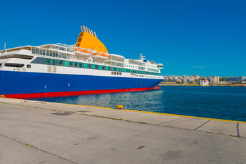 Greece Piraeus harbor at sunny day with passenger ships waiting