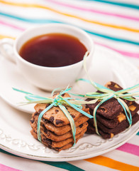 Chocolate chip cookies and and hot tea