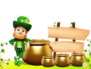 Leprechaun for st patrick day standing near pot