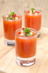 cold tomato soup gazpacho in portion glasses
