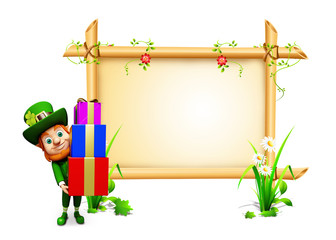 Fototapeta premium Leprechaun for st patrick's day with gift pile
