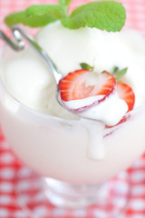 ice cream,strawberry with mint in a glass bowl on plaid fabric