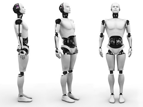 Male robot standing, three different angles.