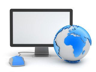 Earth globe, computer mouse and monitor