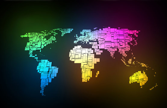 Colored neon map of the World, hand sketch design