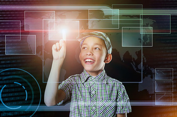 boy touch virtual button in web inteface