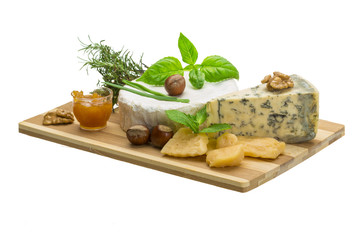 Assorted cheese - brie, dor blue and hard old yellow cheese