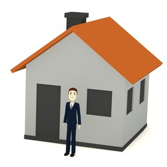 3d render of cartoon character with cartoon house