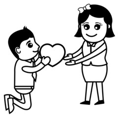 Cartoon Lover Proposing and Presenting Heart