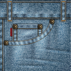 Denim background with jeans pocket, rivets, stitches and folds