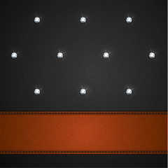 Luxury black leather background with leather stripe and diamonds