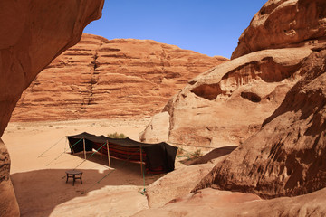 A bedouin tent in a rock valley in Wadi Rum Jordan