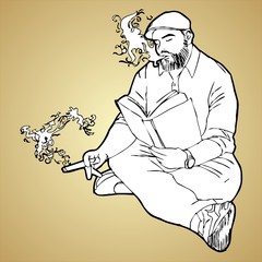 Man reading a book and smoking vector