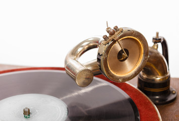 Retro gramophone with vinyl spinning
