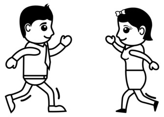 Cartoon Young Couple Running for Meet Each Other