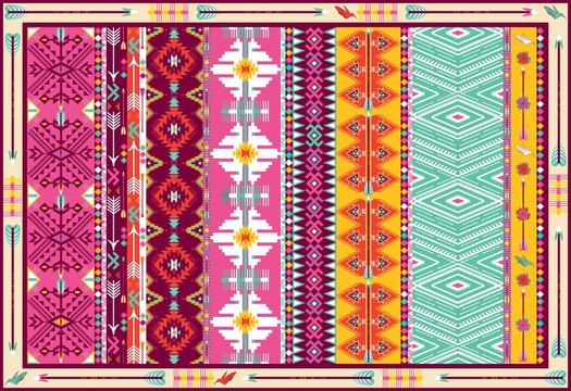 Seamless colorful aztec carpet with birds, and arrow