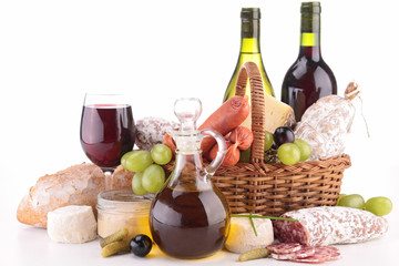 composition with wine,cheese and sausage