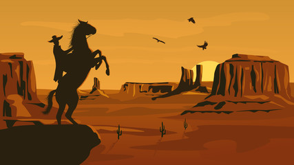 Horizontal cartoon illustration of prairie wild west.