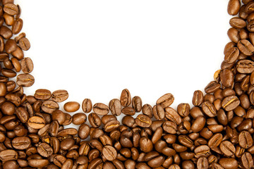 Coffee Border.  brown coffee beans isolated on white background.