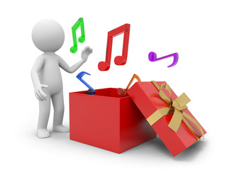 a 3d person taking a music symbol from a gift box