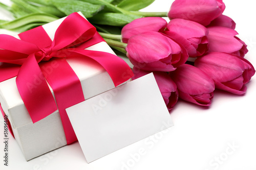 Pink tulips,blank card and gift box